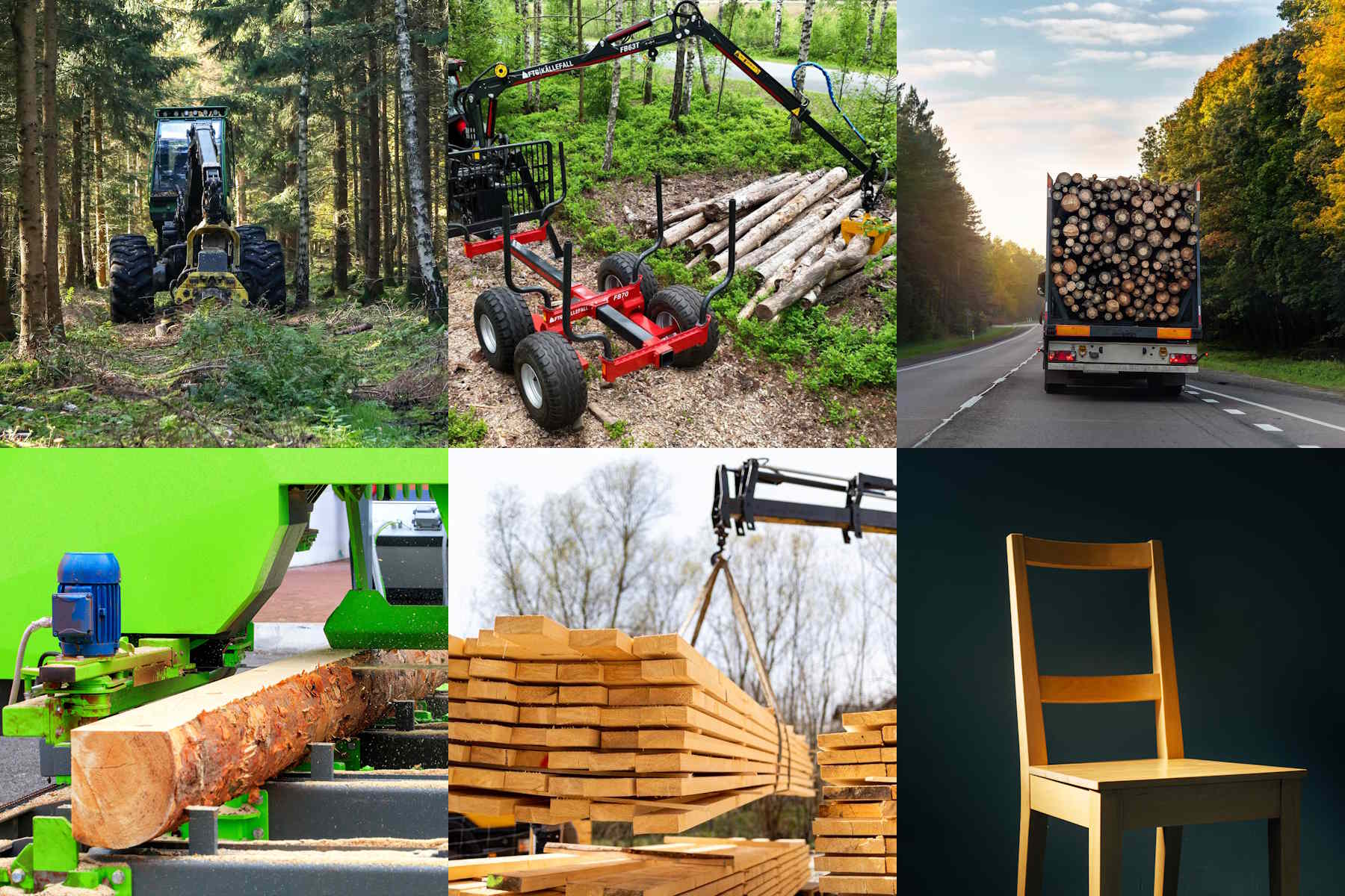 Of course, the steps involved are downplayed here, but in general: 1. A harvester machine chops down the trees. 2. A timber trailer and crane, attached to a tractor, collects the wood. 3. A timber truck drives the logs to the sawmill. 4. The trees are processed at the sawmill. 5. The finished wooden boards etc. are transported to different industries. 6. A finished product, like a wooden chair, is made.